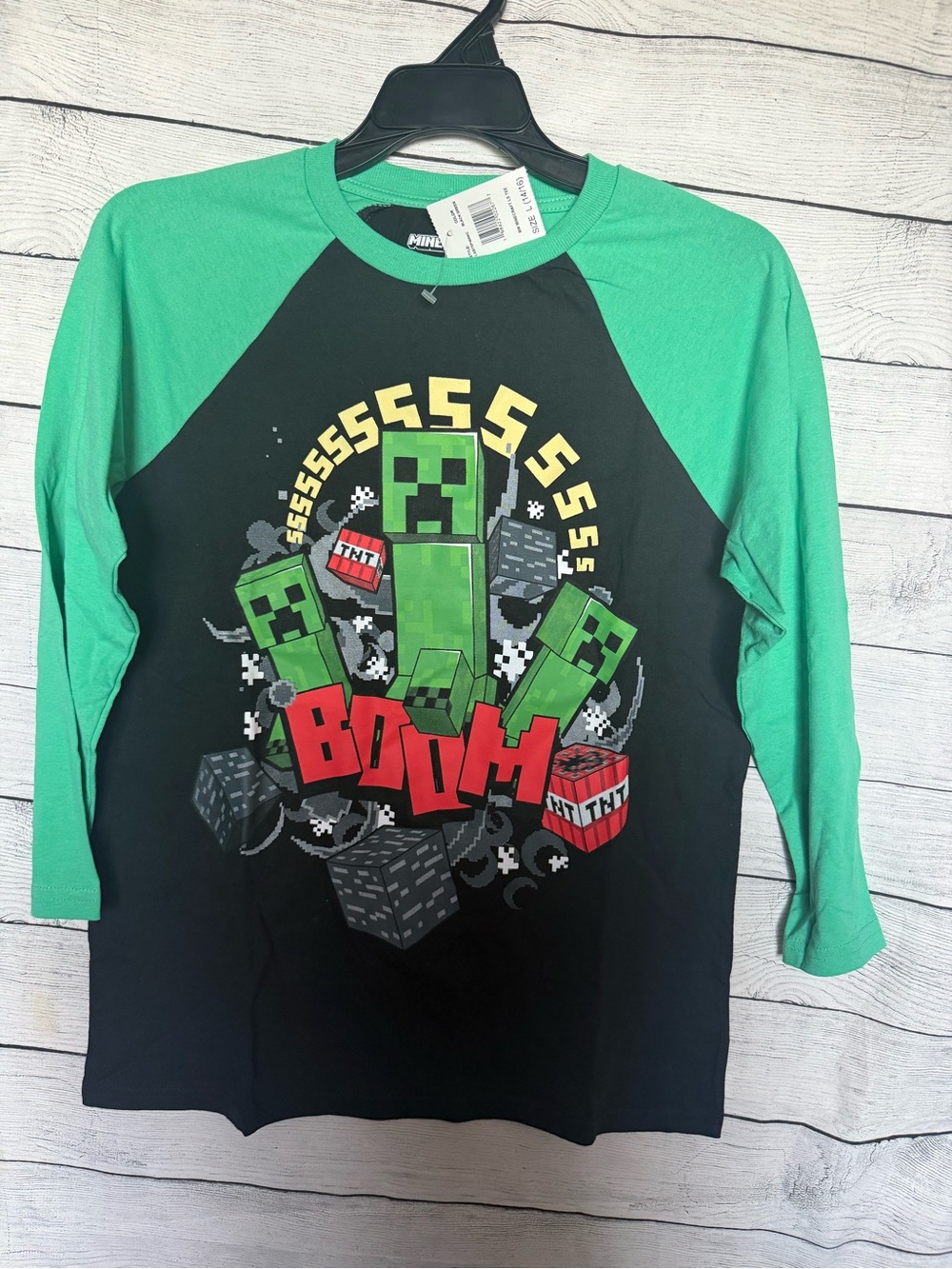 Minecraft Boys Creeper Boom Raglan Shirt L 14/16 3/4 sleeve